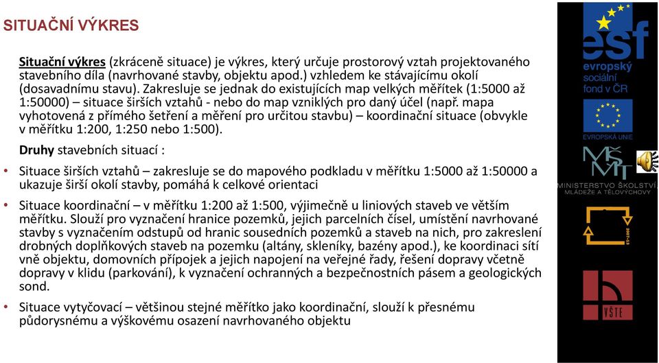 mapa vyhotovená z přímého šetření a měření pro určitou stavbu) koordinační situace (obvykle v měřítku 1:200, 1:250 nebo 1:500).