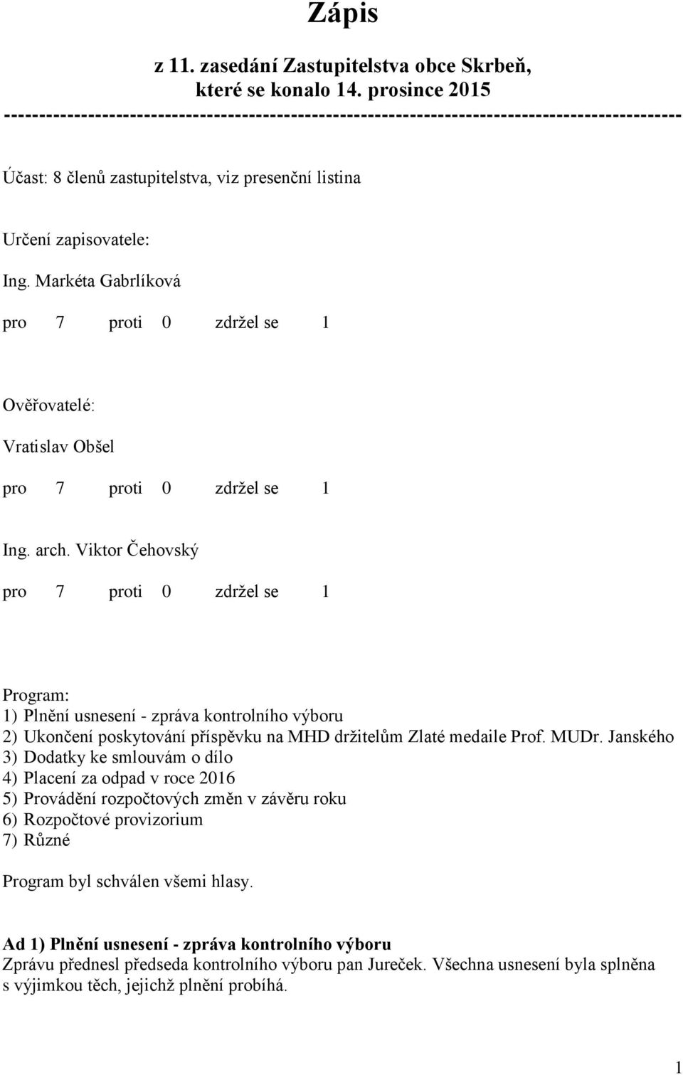 Markéta Gabrlíková pro 7 proti 0 zdržel se 1 Ověřovatelé: Vratislav Obšel pro 7 proti 0 zdržel se 1 Ing. arch.