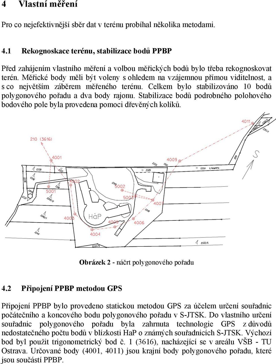 Měřické body měli být voleny s ohledem na vzájemnou přímou viditelnost, a s co největším záběrem měřeného terénu. Celkem bylo stabilizováno 10 bodů polygonového pořadu a dva body rajonu.