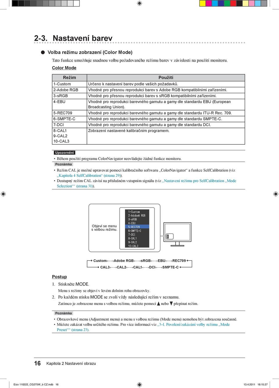 3-sRGB Vhodné pro přesnou reprodukci barev s srgb kompatibilními zařízeními. 4-EBU Vhodné pro reprodukci barevného gamutu a gamy dle standardu EBU (European Broadcasting Union).