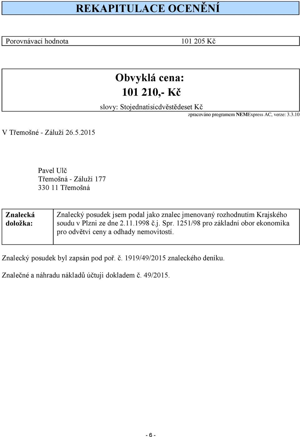 2015 Pavel Ulč Třemošná - Záluží 177 330 11 Třemošná Znalecká doložka: Znalecký posudek jsem podal jako znalec jmenovaný rozhodnutím Krajského