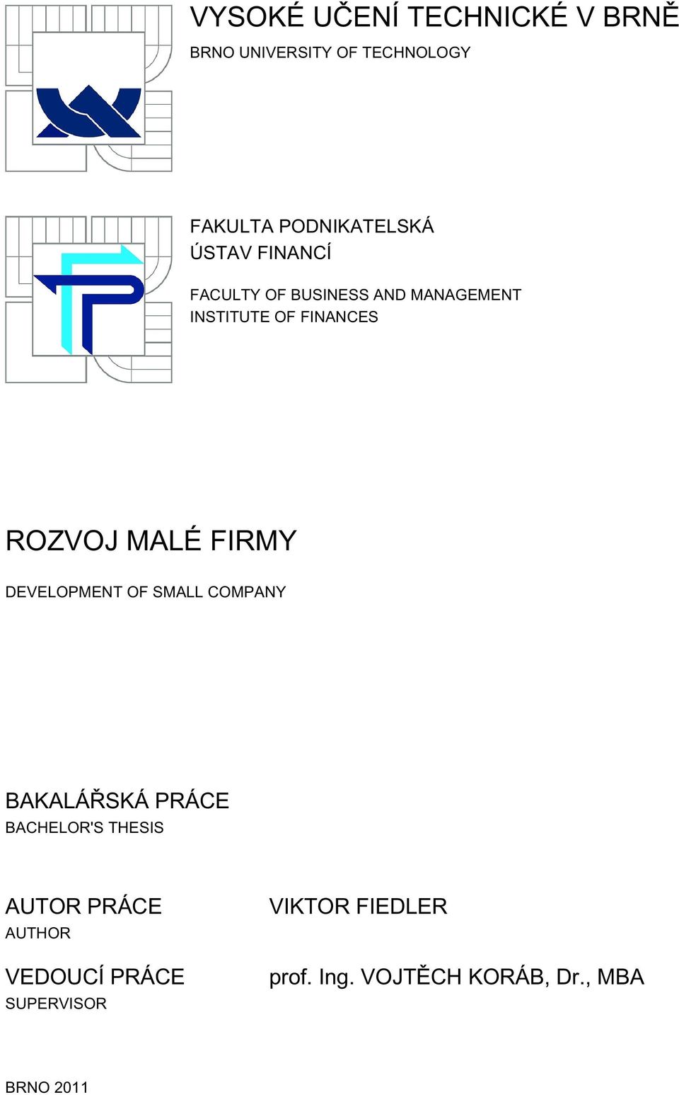 FIRMY DEVELOPMENT OF SMALL COMPANY BAKALÁŘSKÁ PRÁCE BACHELOR'S THESIS AUTOR PRÁCE