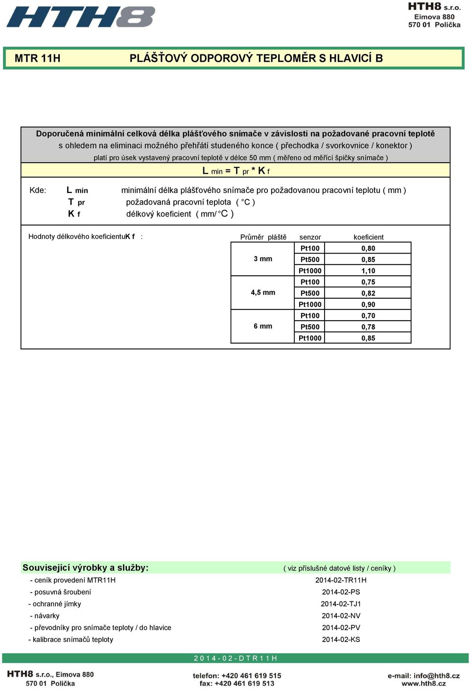 požadovaná pracovní teplota ( C ) K f délkový koeficient ( mm/ C ) Hodnoty délkového koeficientu K f : Průměr pláště senzor koeficient 0,80 3 mm 0,85 0 1,10 0,75 4,5 mm 0,82 0 0,90 0,70 6 mm 0,78 0