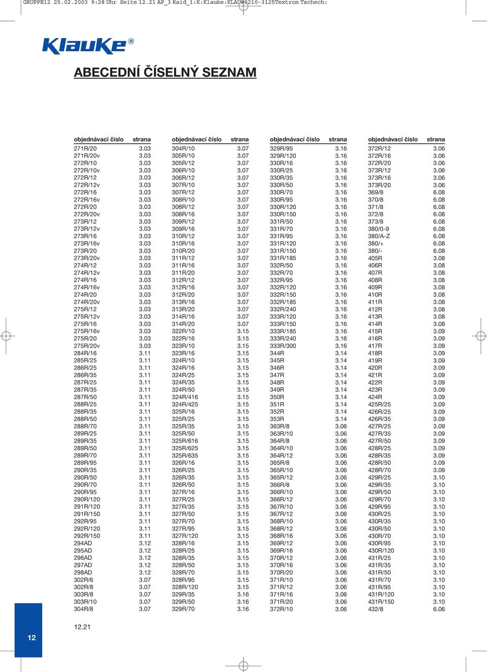 03 275R/16 3.03 275R/16v 3.03 275R/20 3.03 275R/20v 3.03 284R/16 3.11 285R/25 3.11 286R/25 3.11 286R/35 3.11 287R/25 3.11 287R/35 3.11 287R/50 3.11 288R/25 3.11 288R/35 3.11 288R/50 3.11 288R/70 3.