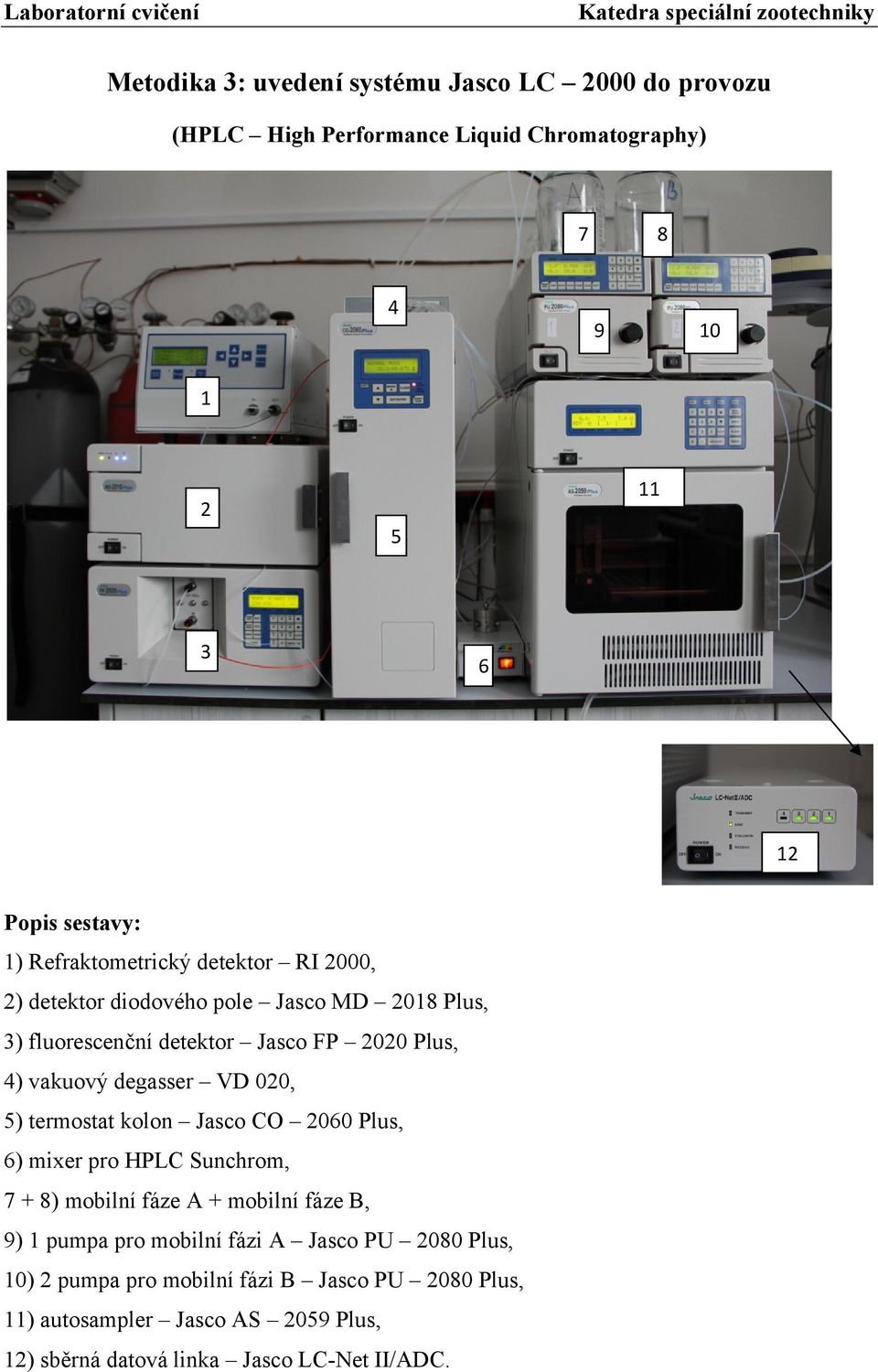 degasser VD 020, 5) termostat kolon Jasco CO 2060 Plus, 6) mixer pro HPLC Sunchrom, 7 + 8) mobilní fáze A + mobilní fáze B, 9) 1 pumpa pro mobilní