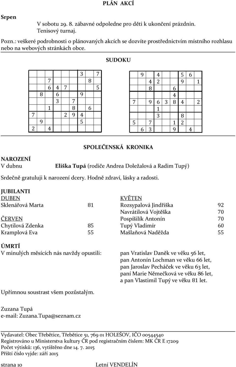 SUDOKU 3 7 7 8 6 4 7 5 8 6 9 3 7 1 8 6 7 2 9 4 9 5 2 4 9 4 5 6 4 2 9 1 8 6 4 7 9 6 3 8 4 2 1 3 8 5 7 1 2 6 3 9 4 SPOLEČENSKÁ KRONIKA NAROZENÍ V dubnu Eliška Tupá (rodiče Andrea Doležalová a Radim