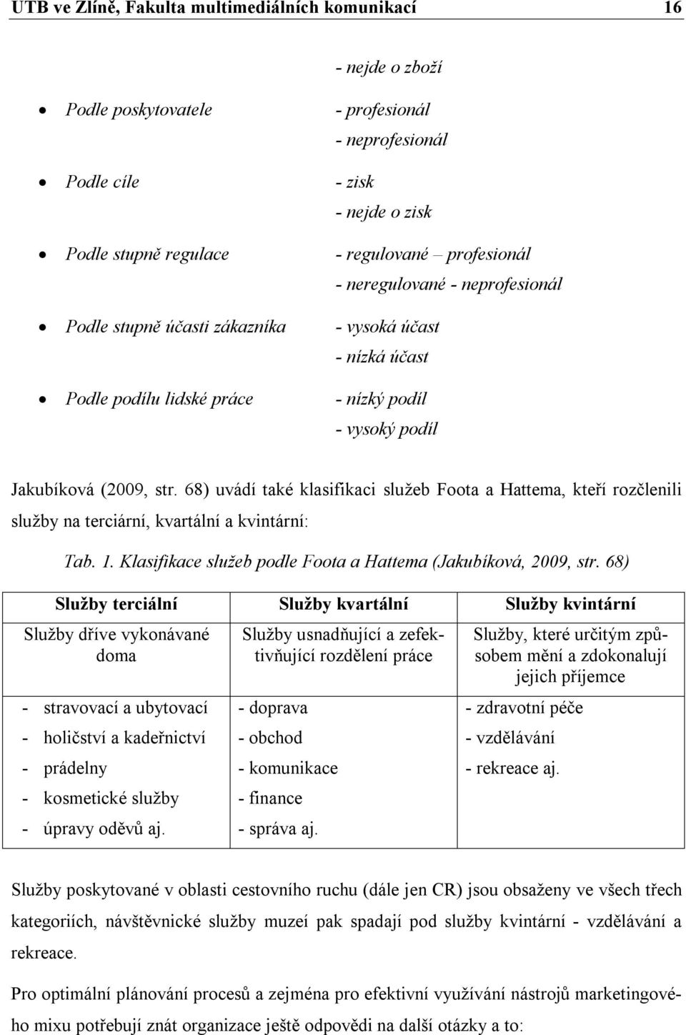 68) uvádí také klasifikaci služeb Foota a Hattema, kteří rozčlenili služby na terciární, kvartální a kvintární: Tab. 1. Klasifikace služeb podle Foota a Hattema (Jakubíková, 2009, str.