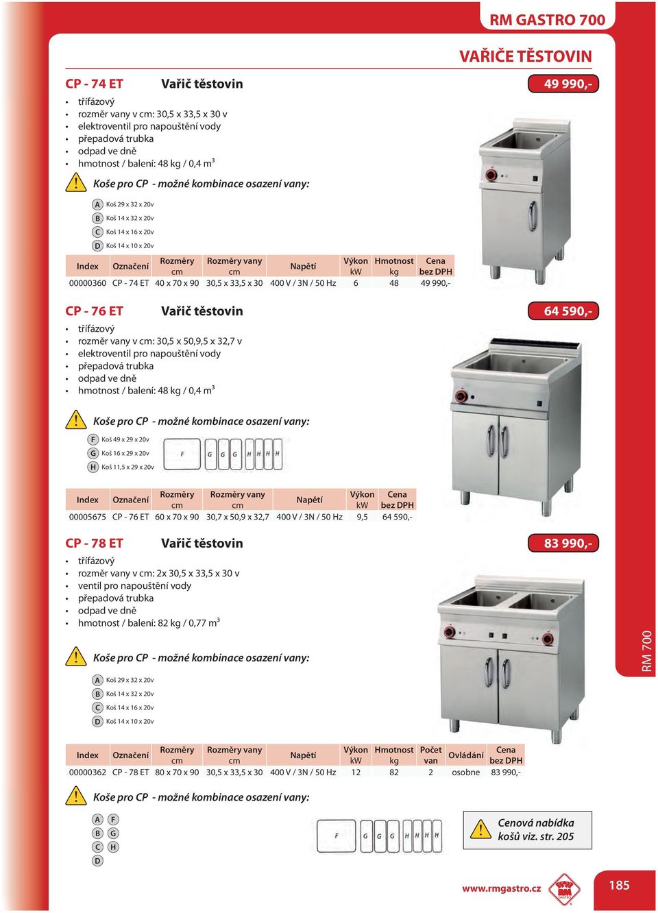 x 33,5 x 30 400 V / 3N / 50 Hz 6 48 49 990,- CP - 76 ET Vařič těstovin 64 590,- třífázový rozměr vany v : 30,5 x 50,9,5 x 32,7 v elektroventil pro napouštění vody přepadová trubka odpad ve dně