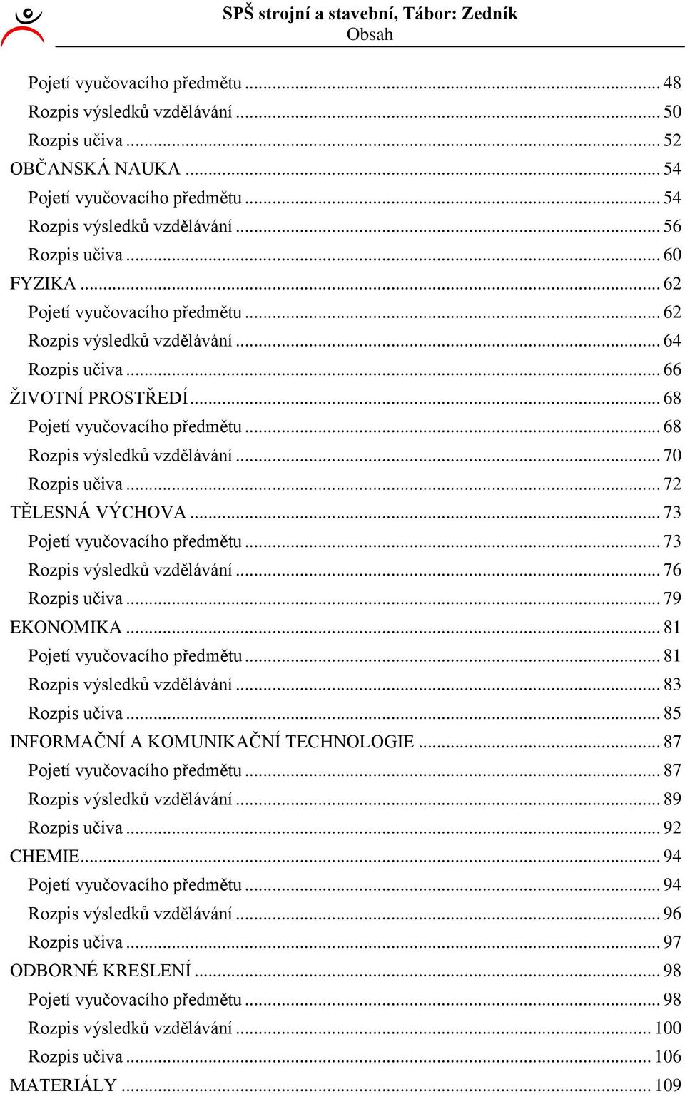 .. 70 Rozpis učiva... 7 TĚLESNÁ VÝCHOVA... 73 Pojetí vyučovacího předmětu... 73 Rozpis výsledků vzdělávání... 76 Rozpis učiva... 79 EKONOMIKA... 8 Pojetí vyučovacího předmětu.