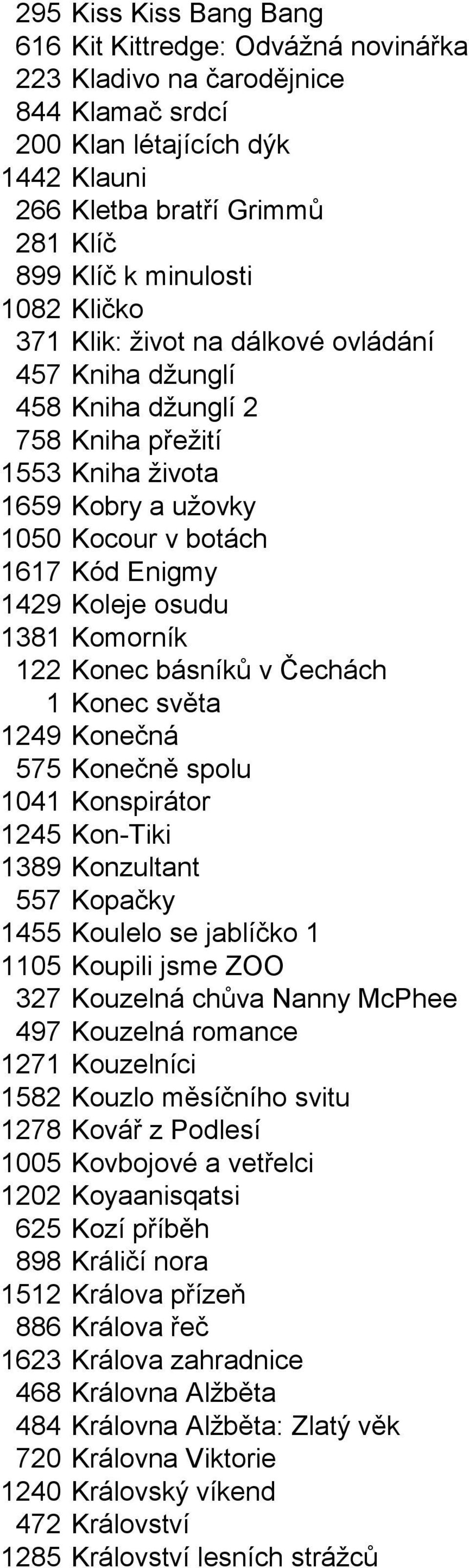 1381 Komorník 122 Konec básníků v Čechách 1 Konec světa 1249 Konečná 575 Konečně spolu 1041 Konspirátor 1245 Kon-Tiki 1389 Konzultant 557 Kopačky 1455 Koulelo se jablíčko 1 1105 Koupili jsme ZOO 327