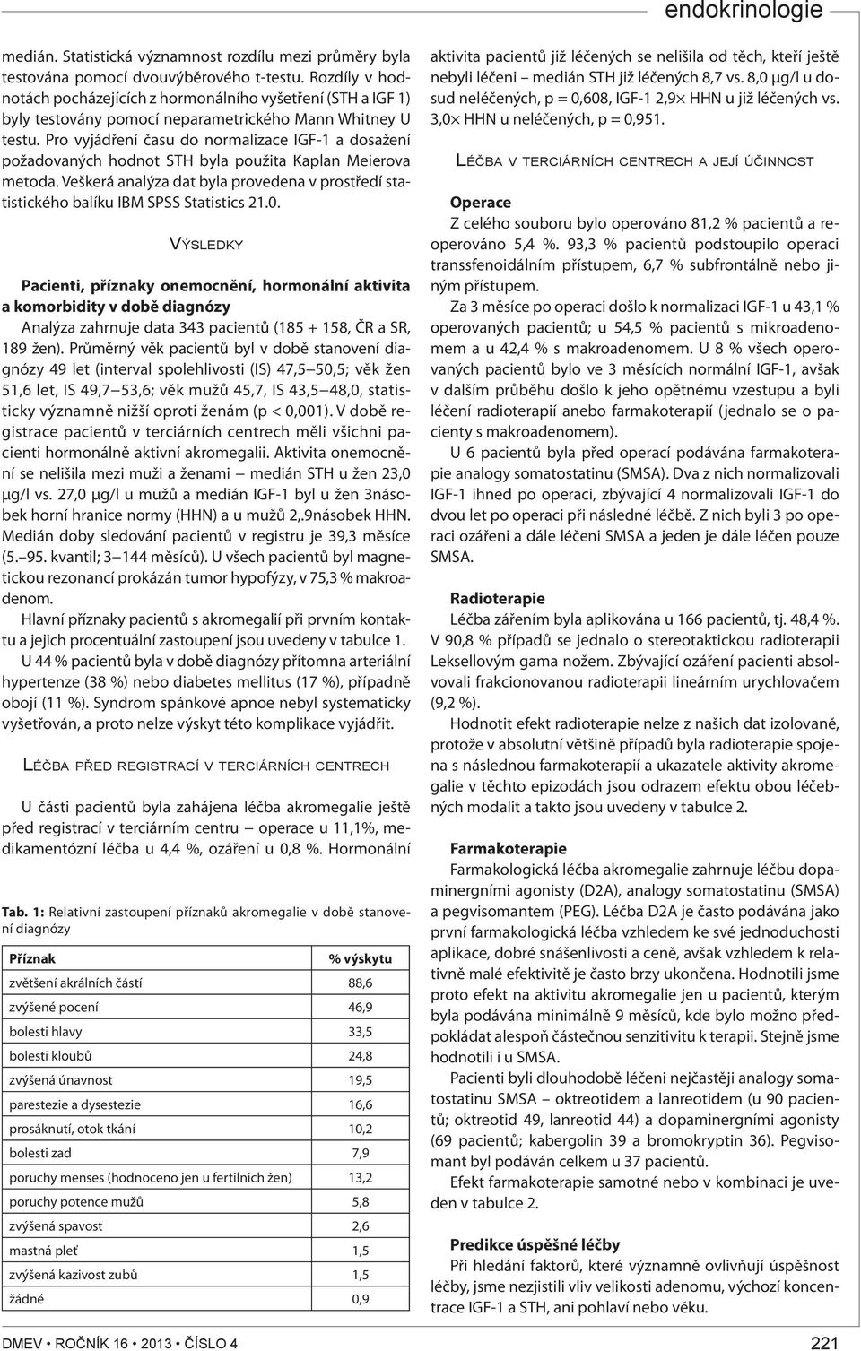 Pro vyjádření času do normalizace IGF-1 a dosažení požadovaných hodnot STH byla použita Kaplan Meierova metoda.