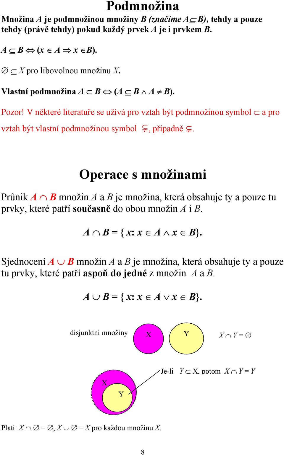 Operace s množinami Průnik A B množin A a B je množina, která obsahuje ty a pouze tu prvky, které patří současně do obou množin A i B. A B = { x: x A x B}.