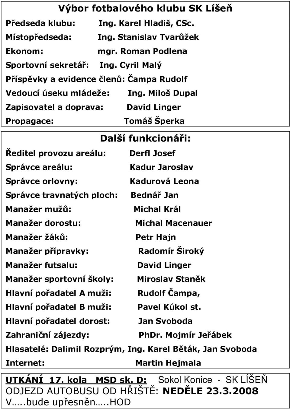 mužů: Manažer dorostu: Manažer žáků: Manažer přípravky: Manažer futsalu: Manažer sportovní školy: Hlavní pořadatel A muži: Hlavní pořadatel B muži: Hlavní pořadatel dorost: Zahraniční zájezdy: Ing.