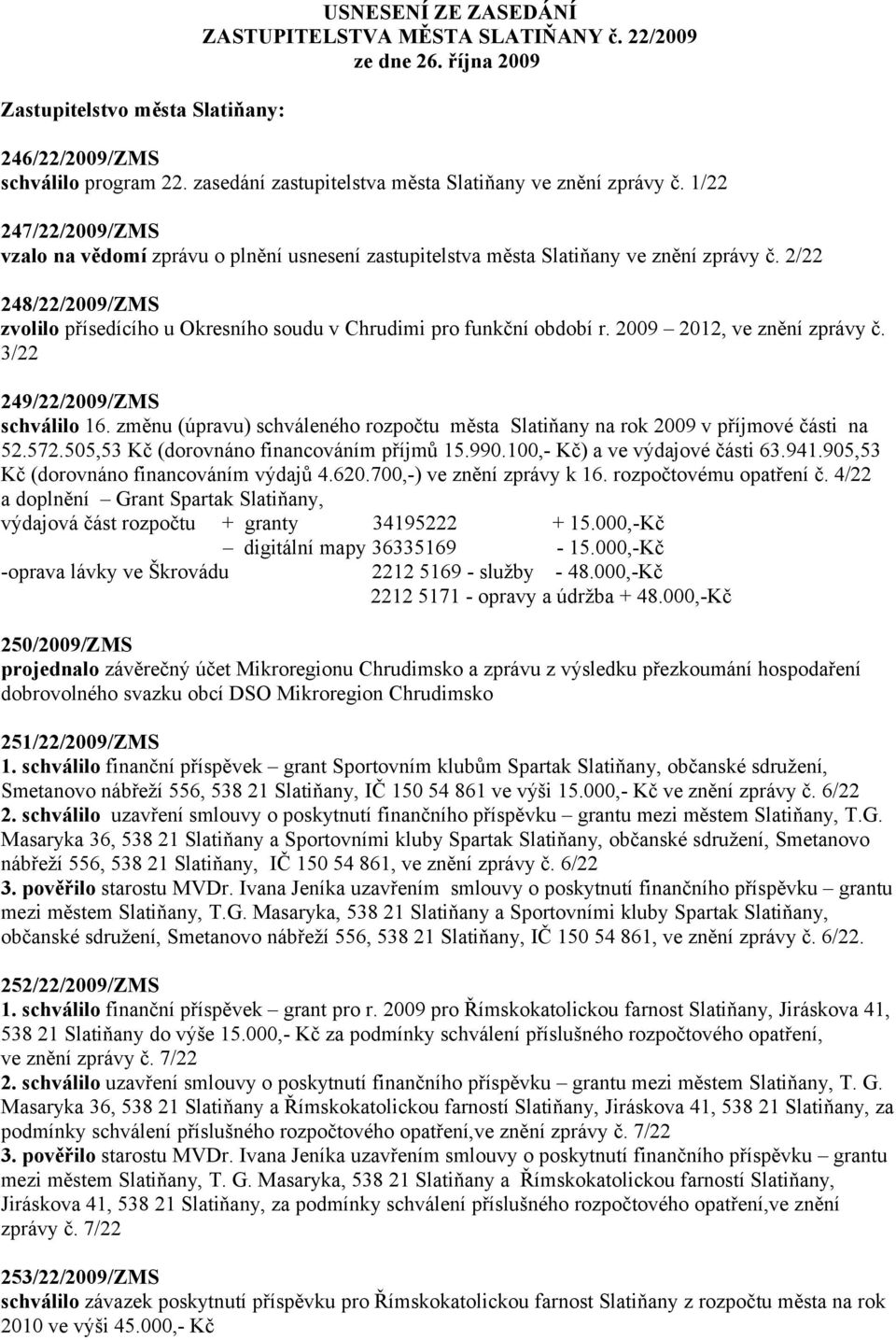 2/22 248/22/2009/ZMS zvolilo přísedícího u Okresního soudu v Chrudimi pro funkční období r. 2009 2012, ve znění zprávy č. 3/22 249/22/2009/ZMS schválilo 16.