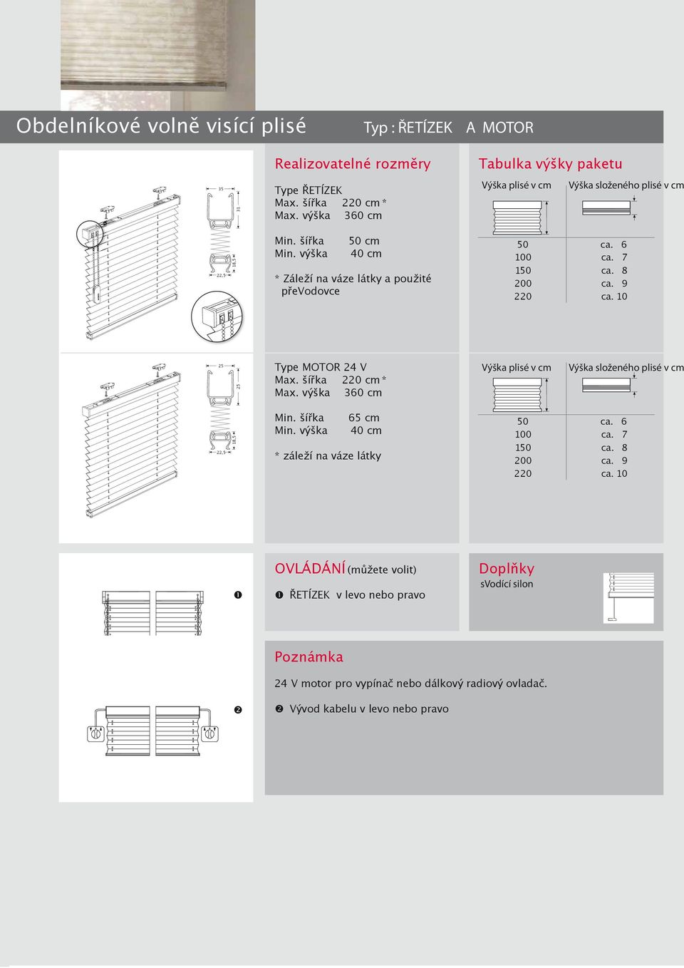 Type MOTOR 24 V Max. šířka 0 cm * Max. výška 360 cm,5 Min. šířka 65 cm Min. výška cm * záleží na váze látky 50 ca. 6 0 ca. 7 0 ca. 8 200 ca.