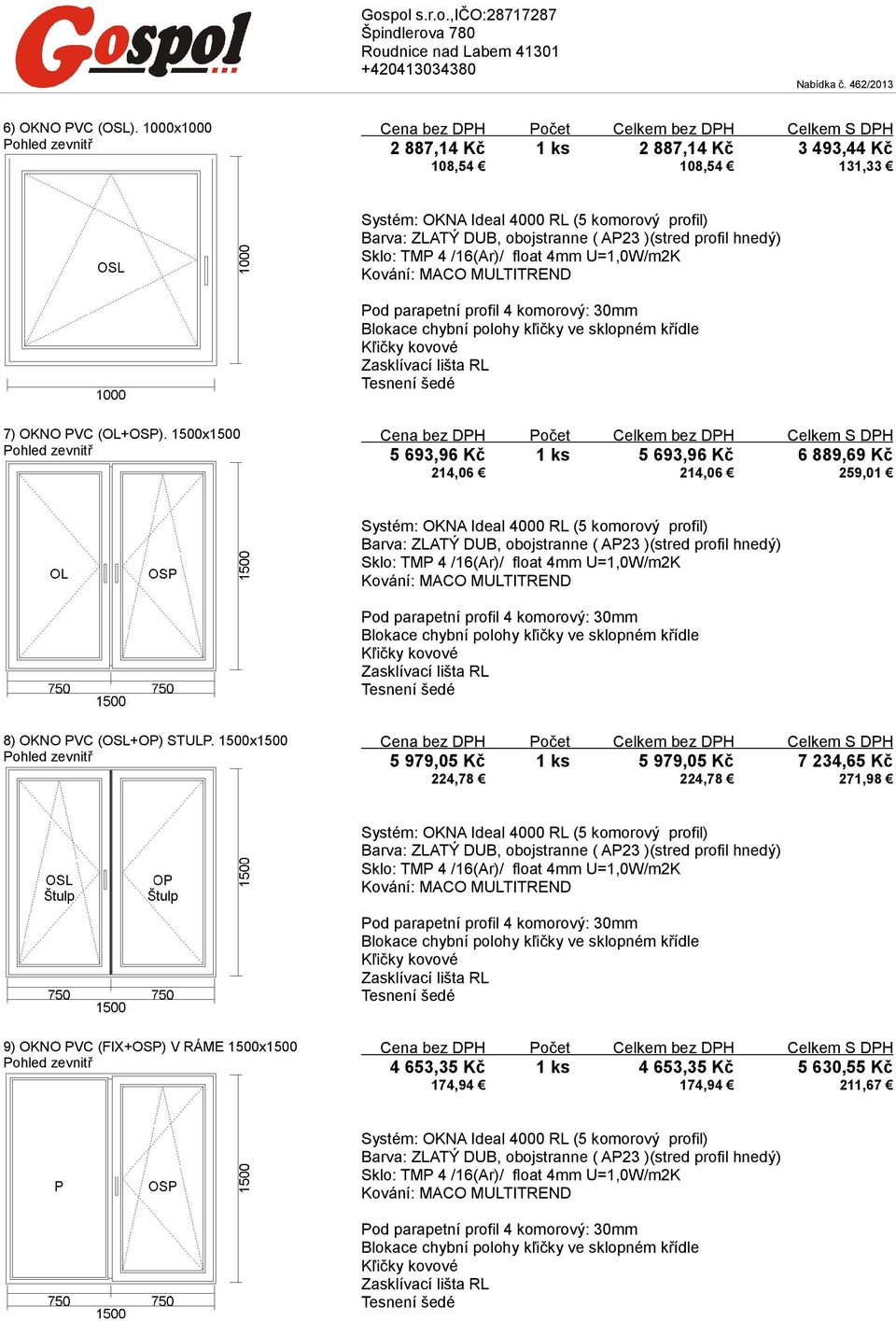 1500x1500 5 693,96 Kč 1 ks 5 693,96 Kč 6 889,69 Kč 214,06 214,06 259,01 8) OKNO PVC (OSL+OP)