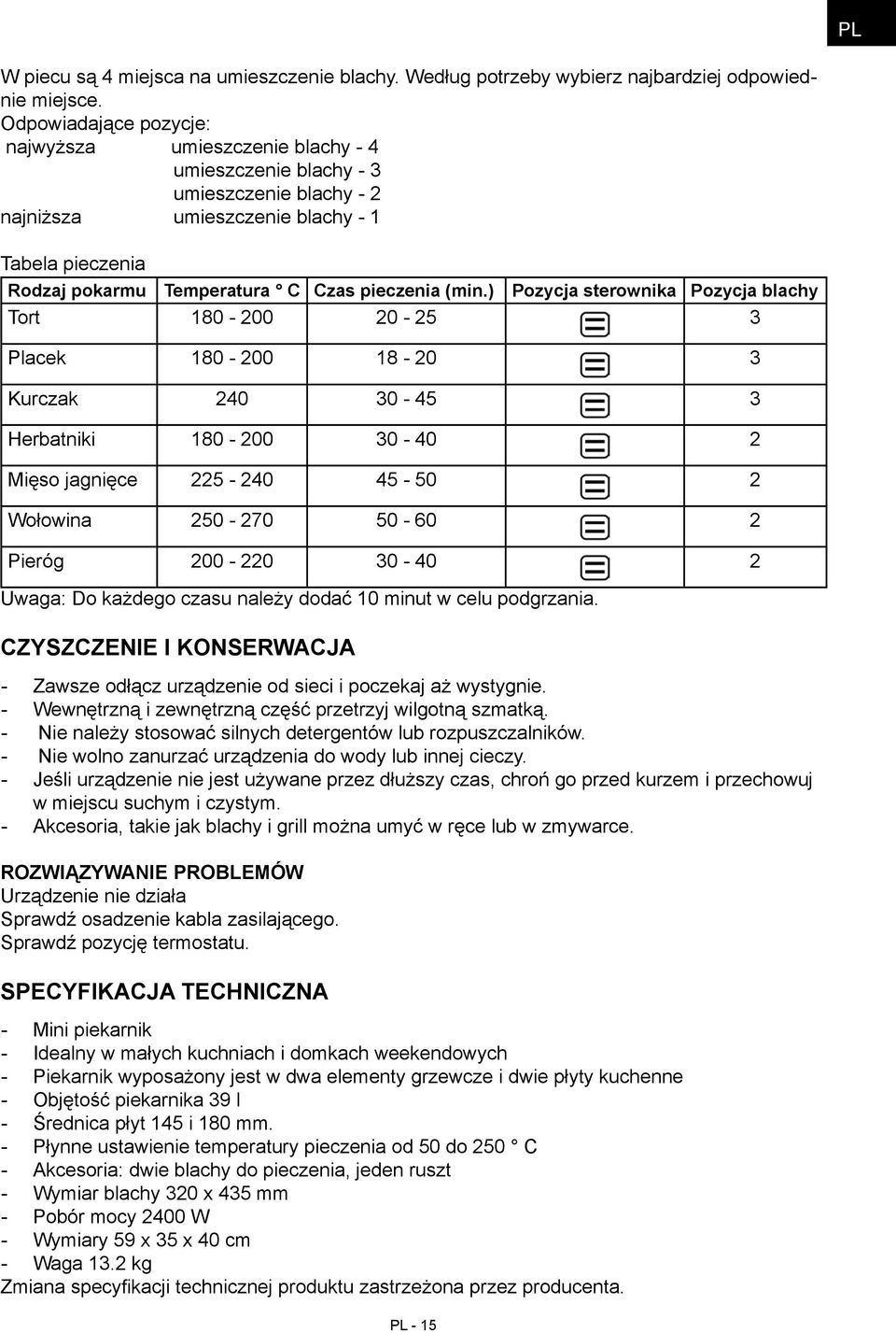 ) Pozycja sterownika Pozycja blachy Tort 180 200 20 25 3 Placek 180 200 18 20 3 Kurczak 240 30 45 3 Herbatniki 180 200 30 40 2 Mięso jagnięce 225 240 45 50 2 Wołowina 250 270 50 60 2 Pieróg 200 220