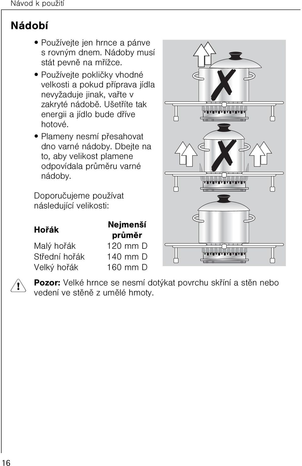 Ušetøíte tak energii a jídlo bude døíve hotové. Plameny nesmí pøesahovat dno varné nádoby.