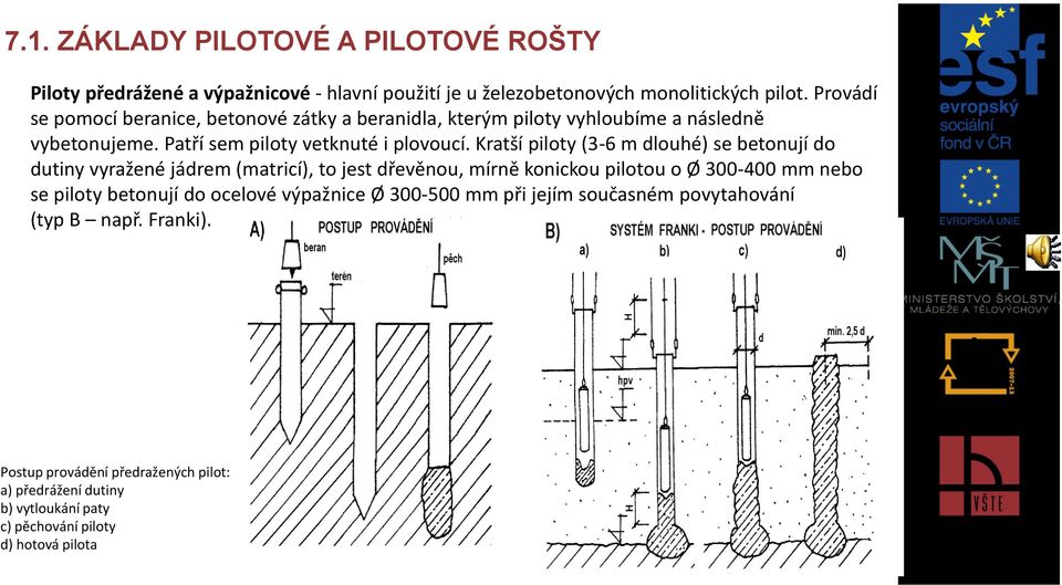 Kratší piloty (3-6 m dlouhé) se betonují do dutiny vyražené jádrem (matricí), to jest dřevěnou, mírně konickou pilotou o Ø 300-400 mm nebo se piloty