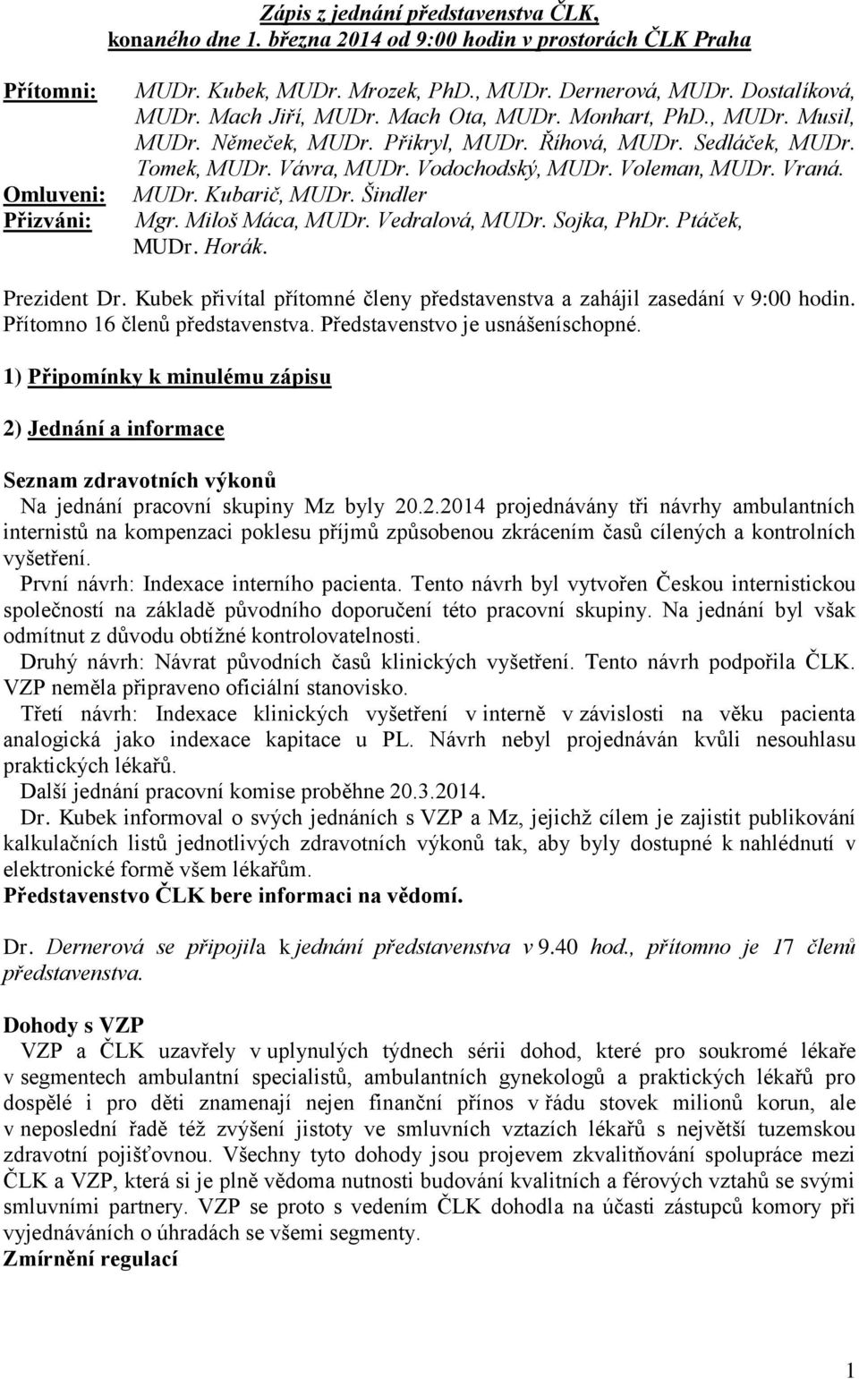 Voleman, MUDr. Vraná. MUDr. Kubarič, MUDr. Šindler Mgr. Miloš Máca, MUDr. Vedralová, MUDr. Sojka, PhDr. Ptáček, MUDr. Horák. Prezident Dr.