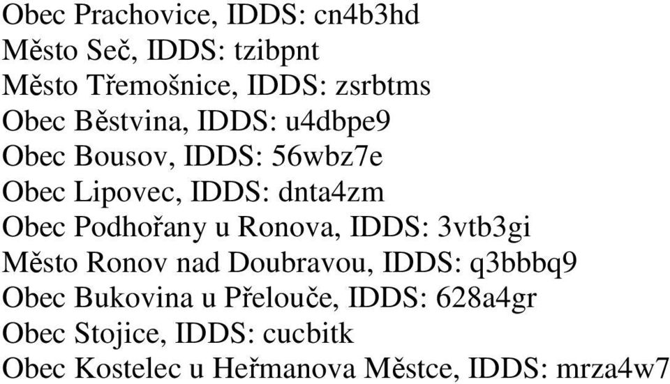 Podhořany u Ronova, IDDS: 3vtb3gi Město Ronov nad Doubravou, IDDS: q3bbbq9 Obec Bukovina u