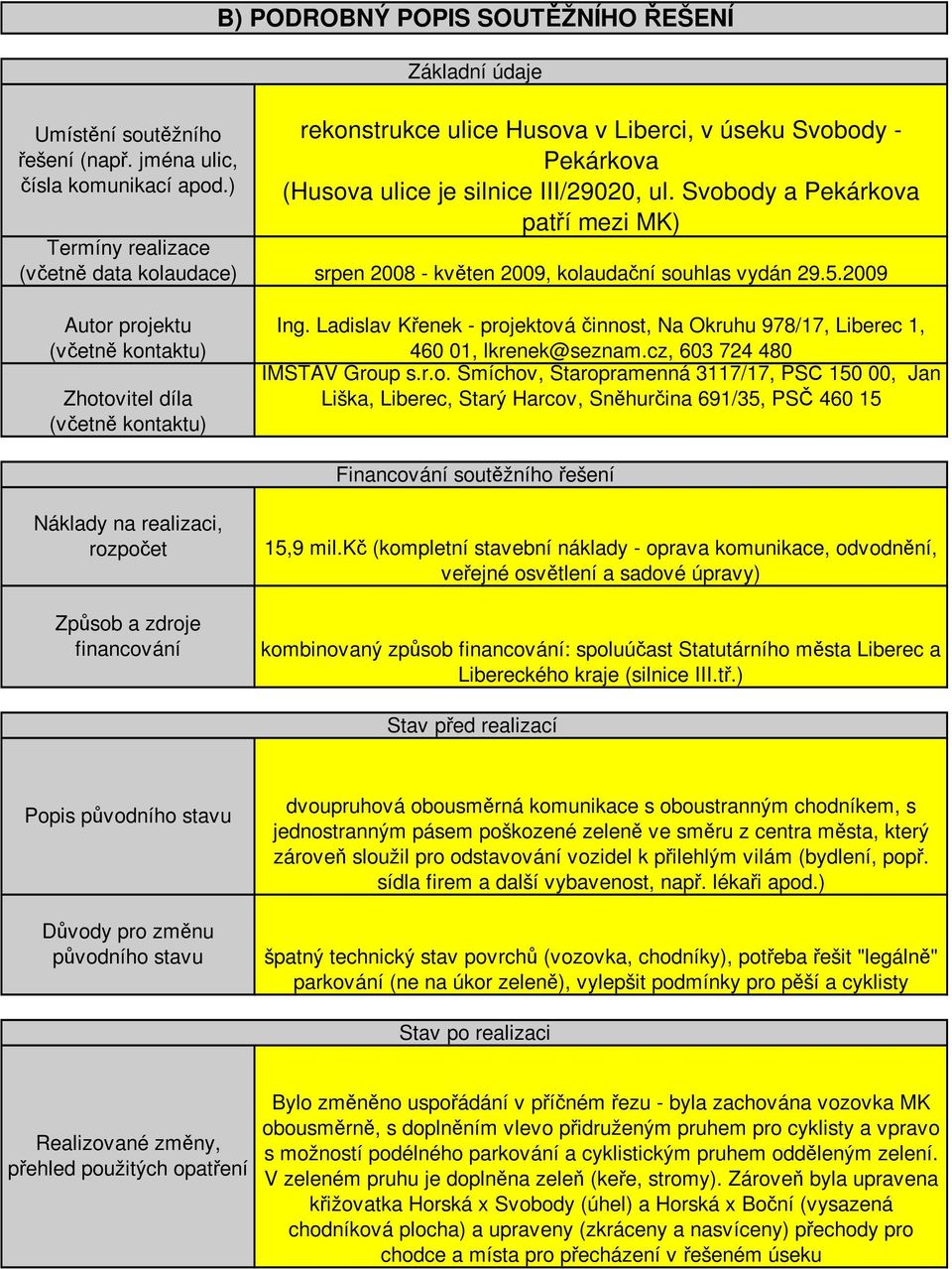 Svobody a Pekárkova patří mezi MK) Termíny realizace (včetně data kolaudace) srpen 2008 - květen 2009, kolaudační souhlas vydán 29.5.