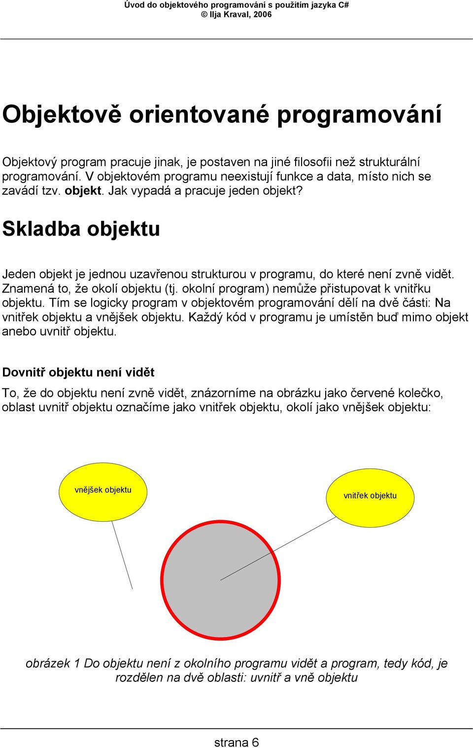 Skladba objektu Jeden objekt je jednou uzavřenou strukturou v programu, do které není zvně vidět. Znamená to, že okolí objektu (tj. okolní program) nemůže přistupovat k vnitřku objektu.