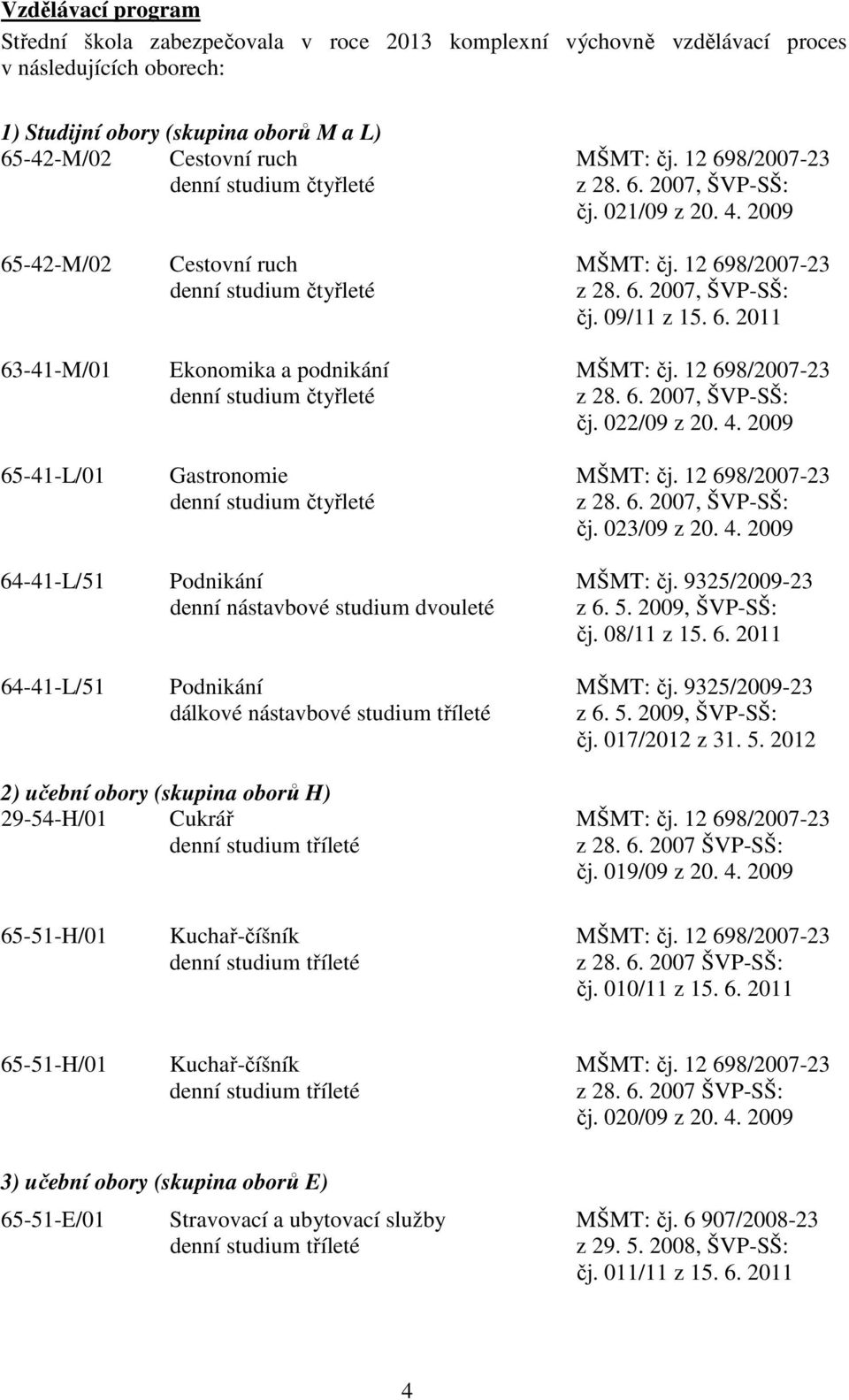 12 698/2007-23 denní studium čtyřleté z 28. 6. 2007, ŠVP-SŠ: čj. 022/09 z 20. 4. 2009 65-41-L/01 Gastronomie MŠMT: čj. 12 698/2007-23 denní studium čtyřleté z 28. 6. 2007, ŠVP-SŠ: čj. 023/09 z 20. 4. 2009 64-41-L/51 Podnikání MŠMT: čj.