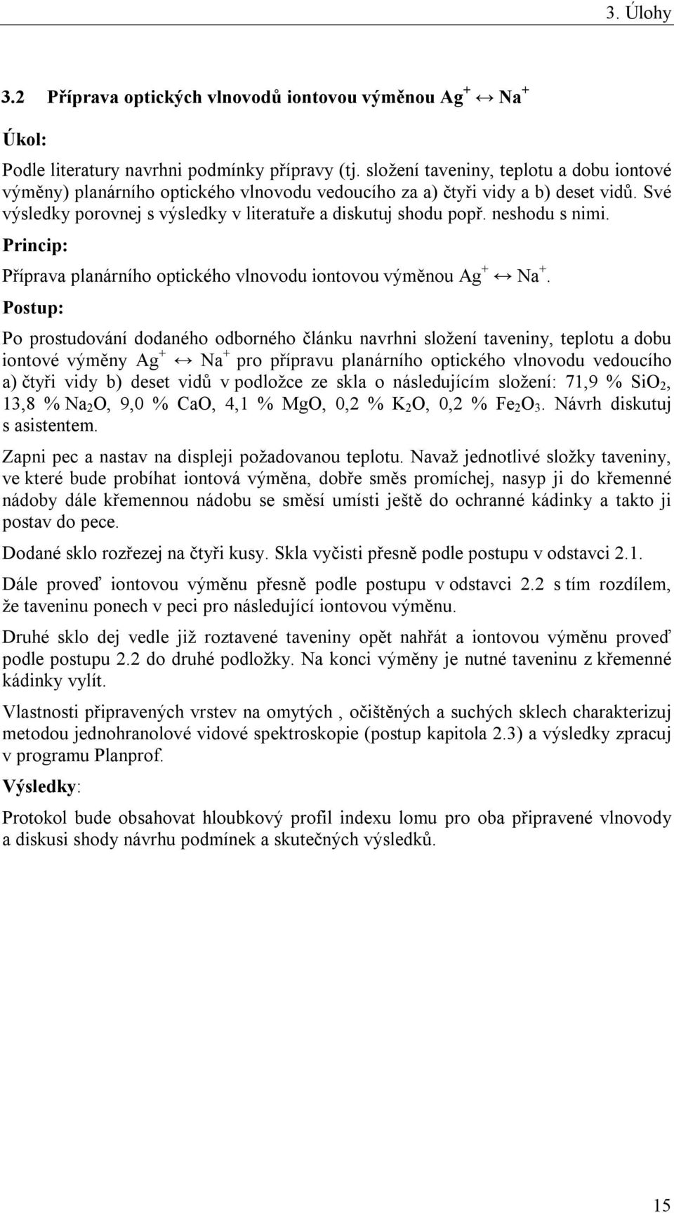 neshodu s nimi. Princip: Příprava planárního optického vlnovodu iontovou výměnou Ag + Na +.