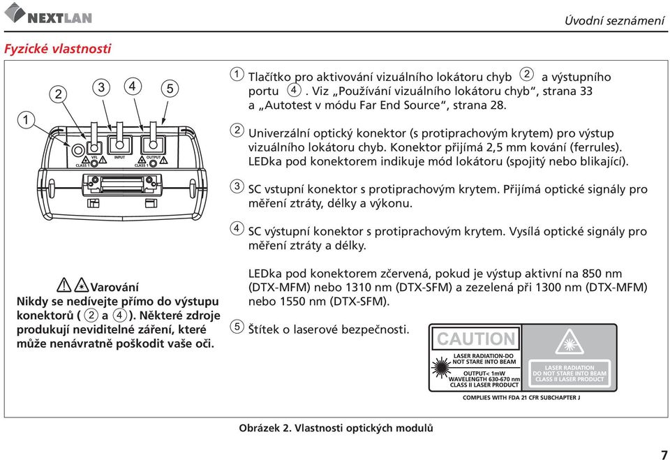 LEDka pod konektorem indikuje mód lokátoru (spojitý nebo blikající). SC vstupní konektor s protiprachovým krytem. Přijímá optické signály pro měření ztráty, délky a výkonu.