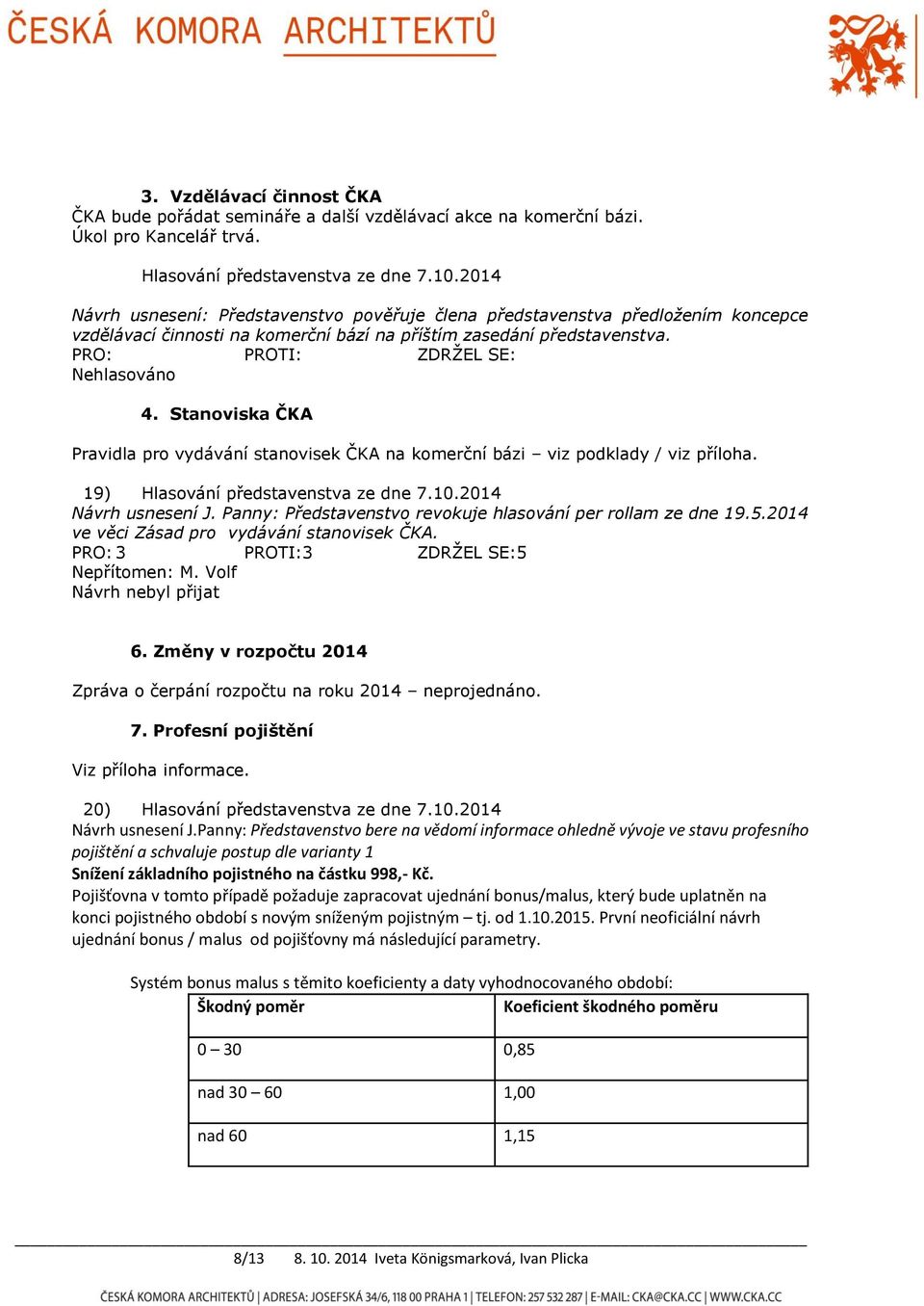 Stanoviska ČKA Pravidla pro vydávání stanovisek ČKA na komerční bázi viz podklady / viz příloha. 19) Hlasování představenstva ze dne 7.10.2014 Návrh usnesení J.