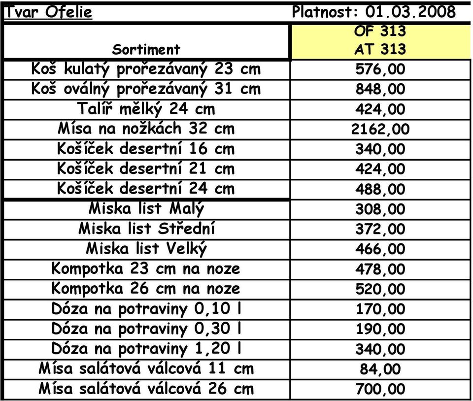 32 cm 2162,00 Košíček desertní 16 cm 340,00 Košíček desertní 21 cm 424,00 Košíček desertní 24 cm 488,00 Miska list Malý 308,00 Miska list