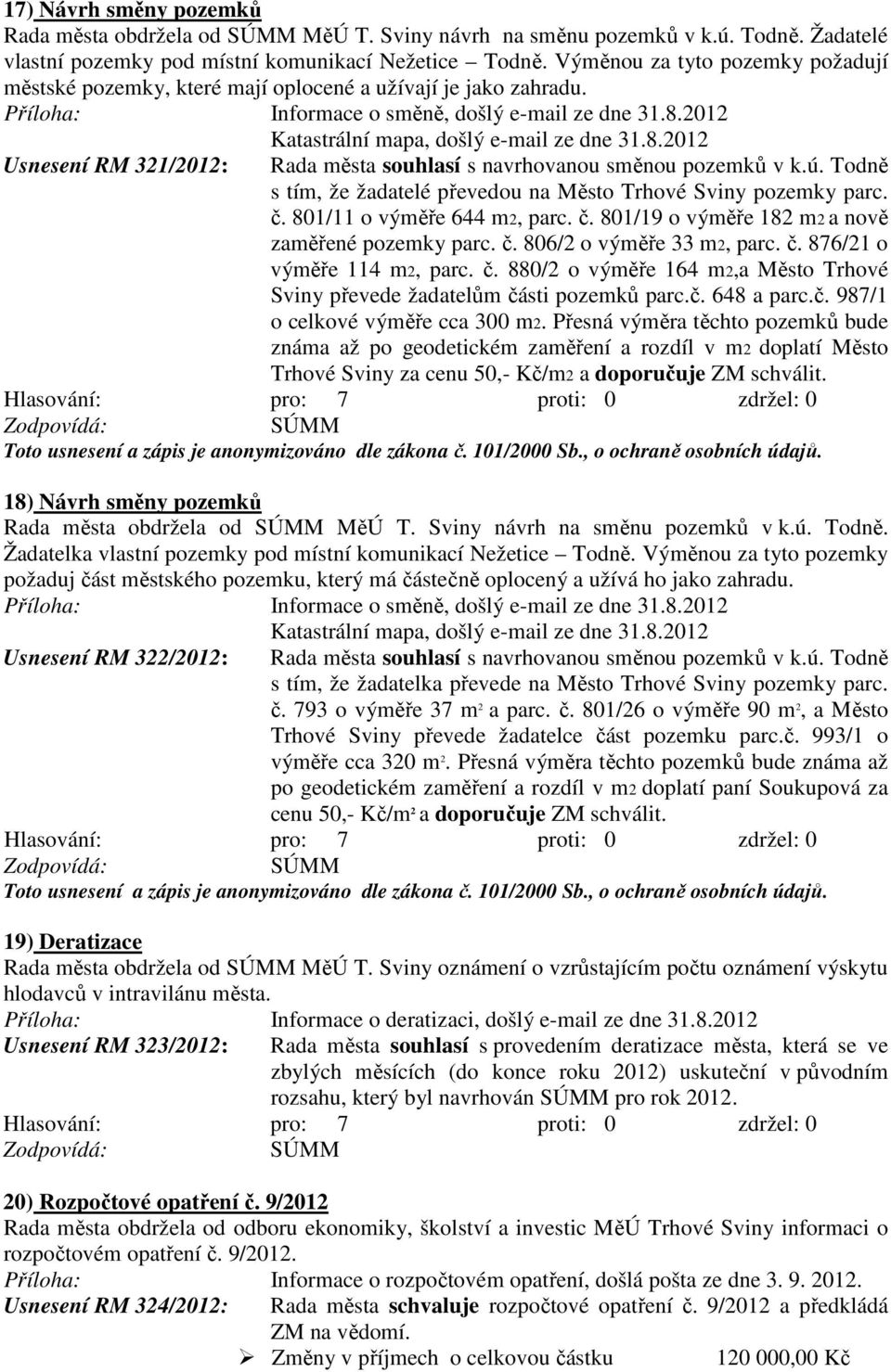 2012 Katastrální mapa, došlý e-mail ze dne 31.8.2012 Usnesení RM 321/2012: Rada města souhlasí s navrhovanou směnou pozemků v k.ú. Todně s tím, že žadatelé převedou na Město Trhové Sviny pozemky parc.