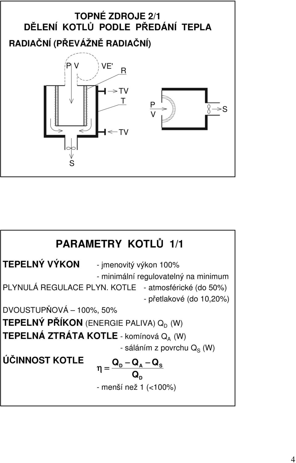 KOTLE - atmosférické (do 50%) - řetlakové (do 10,0%) DVOUSTUPŇOVÁ 100%, 50% TEPELNÝ PŘÍKON (ENERGIE PALIVA) Q D (W)