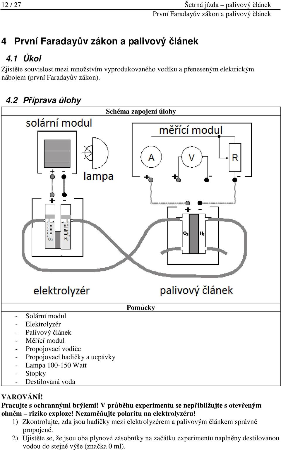 2 Příprava úlohy Schéma zapojení úlohy - Solární modul - Elektrolyzér - Palivový článek - Měřící modul - Propojovací vodiče - Propojovací hadičky a ucpávky - Lampa 100-150 Watt - Stopky - Destilovaná