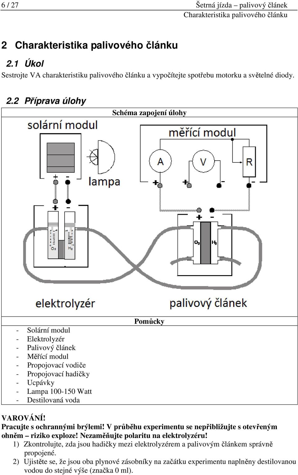 2 Příprava úlohy Schéma zapojení úlohy - Solární modul - Elektrolyzér - Palivový článek - Měřící modul - Propojovací vodiče - Propojovací hadičky - Ucpávky - Lampa 100-150 Watt - Destilovaná voda