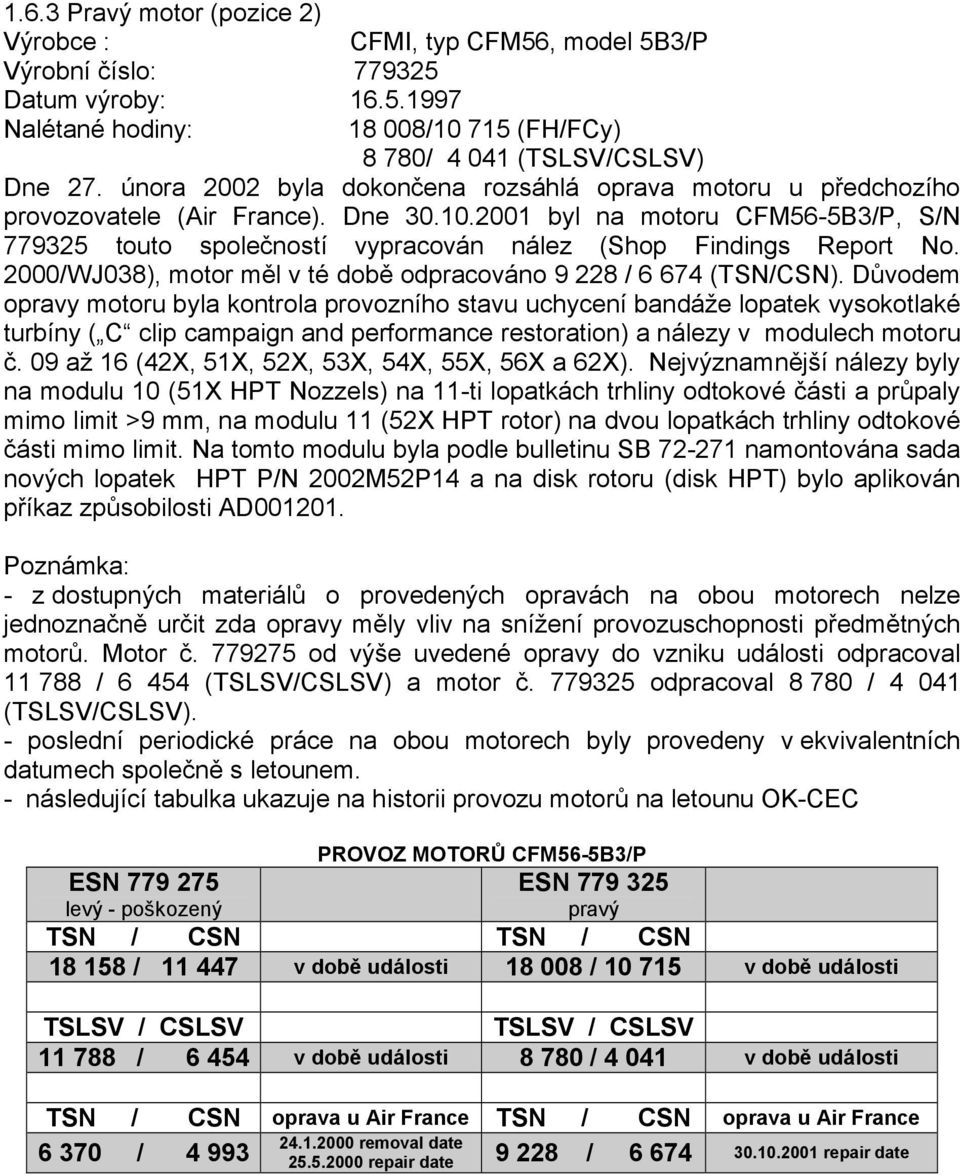 2001 byl na motoru CFM56-5B3/P, S/N 779325 touto společností vypracován nález (Shop Findings Report No. 2000/WJ038), motor měl v té době odpracováno 9 228 / 6 674 (TSN/CSN).