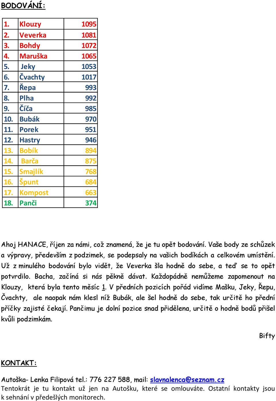 Vaše body ze schůzek a výpravy, především z podzimek, se podepsaly na vašich bodíkách a celkovém umístění. Už z minulého bodování bylo vidět, že Veverka šla hodně do sebe, a teď se to opět potvrdilo.