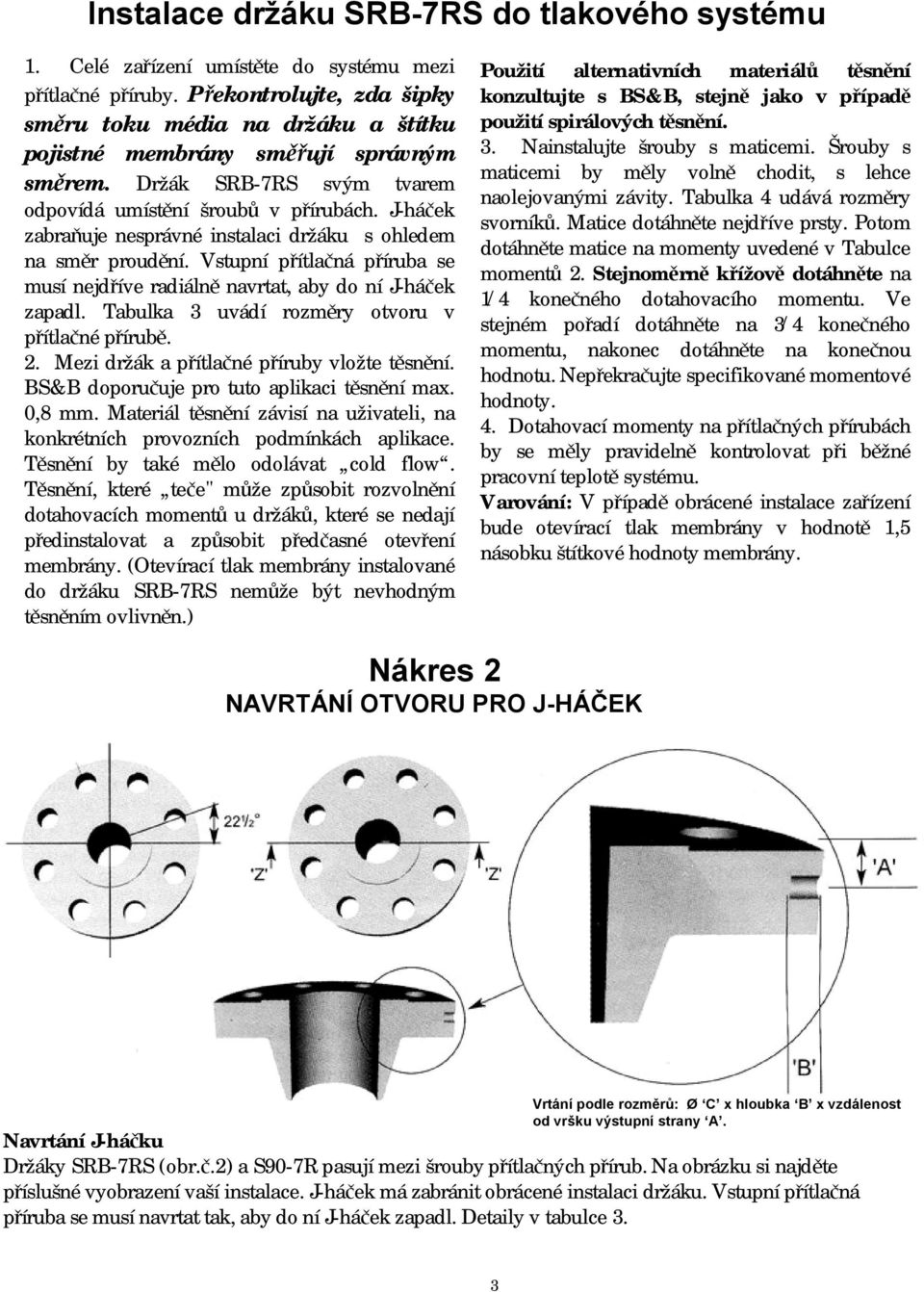 J-háček zabraňuje nesprávné instalaci držáku s ohledem na směr proudění. Vstupní přítlačná příruba se musí nejdříve radiálně navrtat, aby do ní J-háček zapadl.