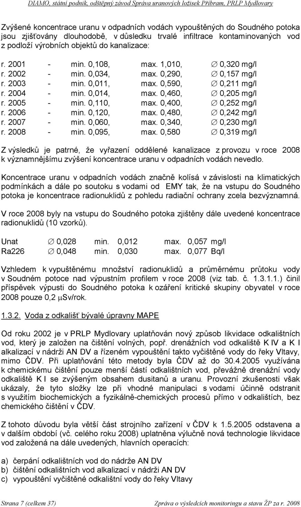 0,110, max. 0,400, 0,252 mg/l r. 2006 - min. 0,120, max. 0,480, 0,242 mg/l r. 2007 - min. 0,060, max. 0,340, 0,230 mg/l r. 2008 - min. 0,095, max.