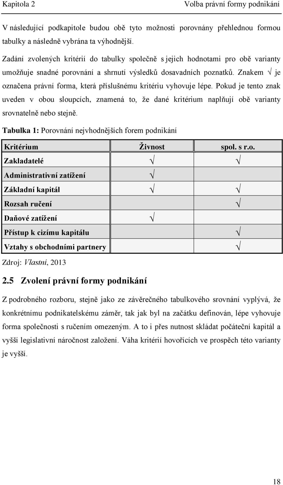 Znakem je označena právní forma, která příslušnému kritériu vyhovuje lépe. Pokud je tento znak uveden v obou sloupcích, znamená to, že dané kritérium naplňují obě varianty srovnatelně nebo stejně.