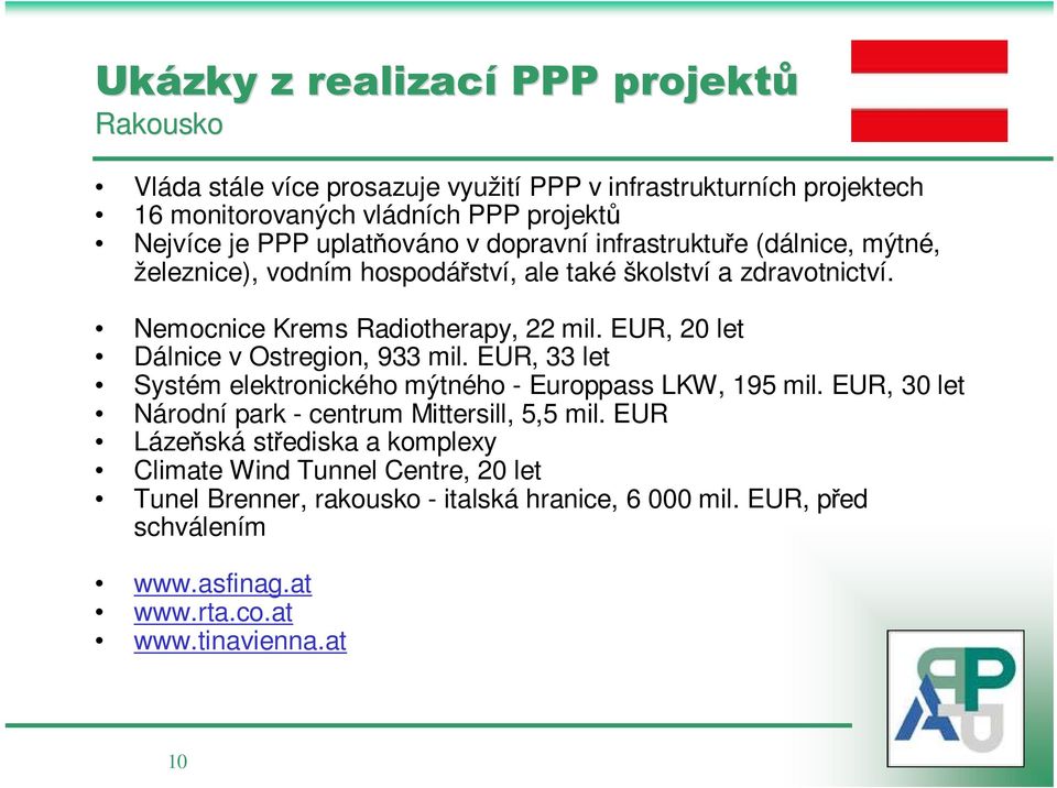 EUR, 20 let Dálnice v Ostregion, 933 mil. EUR, 33 let Systém elektronického mýtného - Europpass LKW, 195 mil. EUR, 30 let Národní park - centrum Mittersill, 5,5 mil.