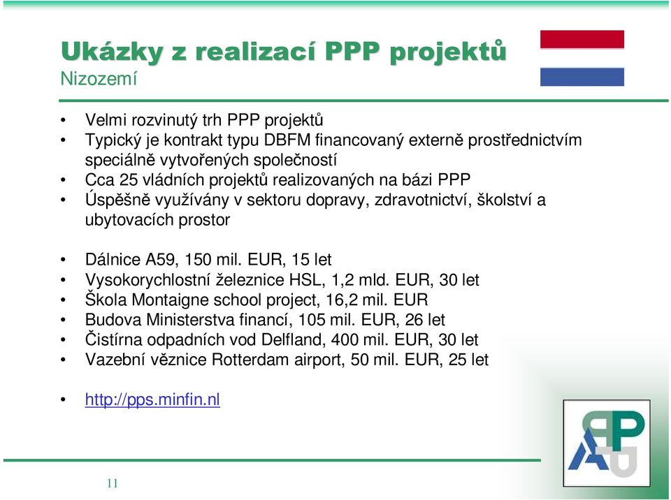 prostor Dálnice A59, 150 mil. EUR, 15 let Vysokorychlostní železnice HSL, 1,2 mld. EUR, 30 let Škola Montaigne school project, 16,2 mil.