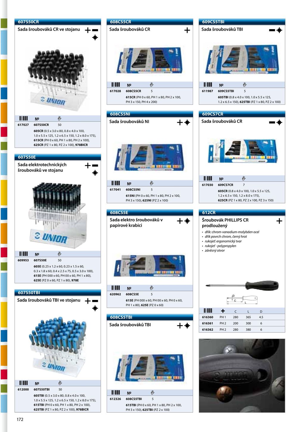 0 x 175), 615R (PH 0 x 60, PH 1 x 80, PH 2 x 100), 625R (PZ 1 x 80, PZ 2 x 100), 978BIR 608S5NI Sd šrouováků NI 609S7R Sd šrouováků R 607S50E Sd elektrotechnických šrouováků ve stojnu 617041 608S5NI