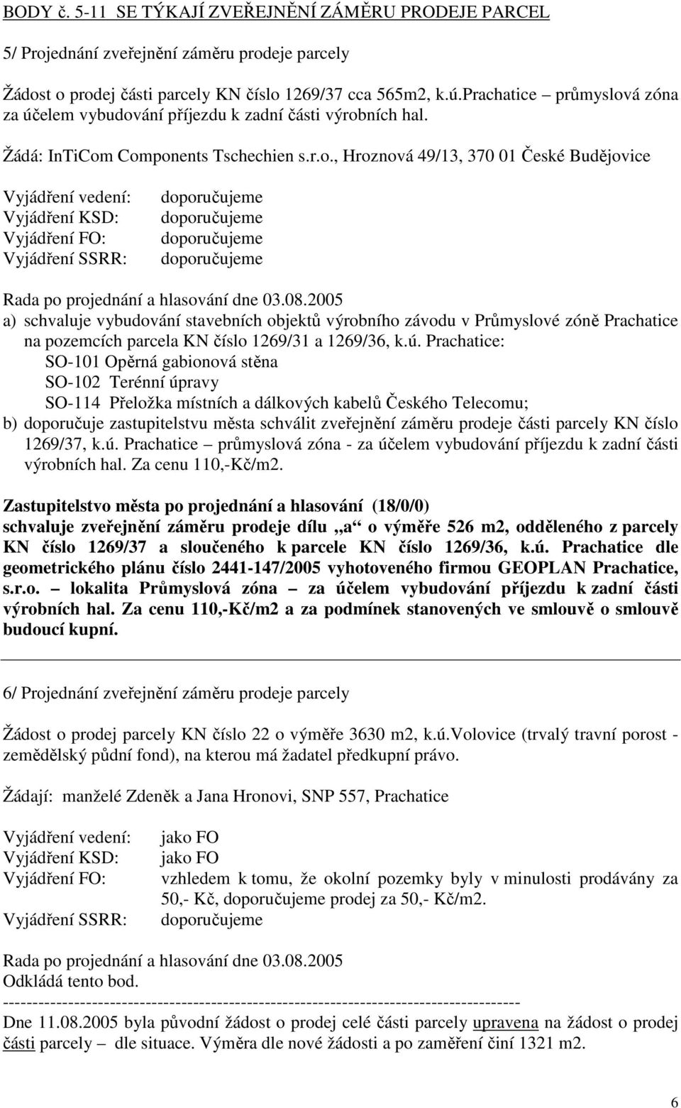 08.2005 a) schvaluje vybudování stavebních objektů výrobního závodu v Průmyslové zóně Prachatice na pozemcích parcela KN číslo 1269/31 a 1269/36, k.ú.