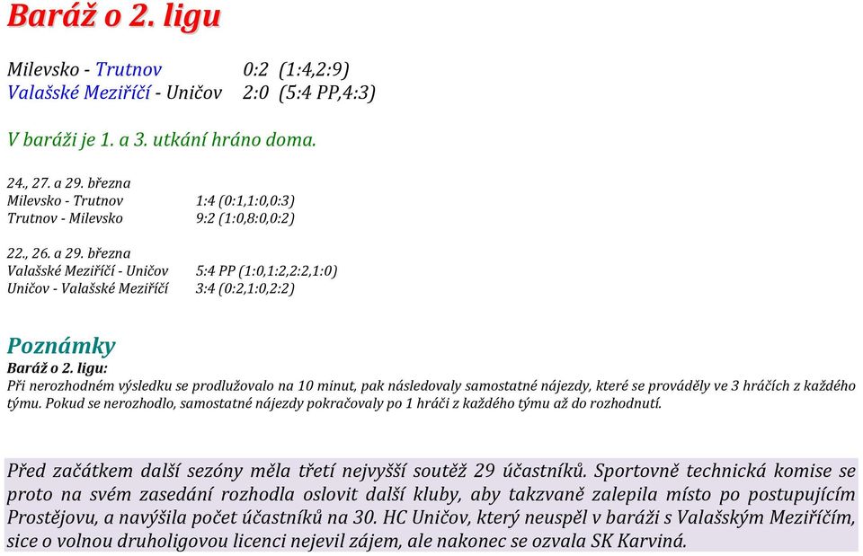 března Valašské Meziříčí - Uničov 5:4 PP (1:0,1:2,2:2,1:0) Uničov - Valašské Meziříčí 3:4 (0:2,1:0,2:2) Poznámky Baráž o 2.