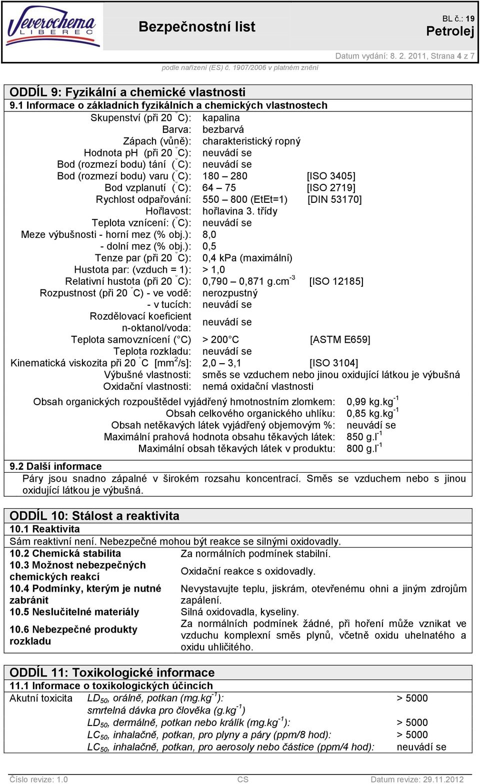 bodu) tání ( C): neuvádí se Bod (rozmezí bodu) varu ( C): 180 280 [ISO 3405] Bod vzplanutí ( C): 64 75 [ISO 2719] Rychlost odpařování: 550 800 (EtEt=1) [DIN 53170] Hořlavost: hořlavina 3.