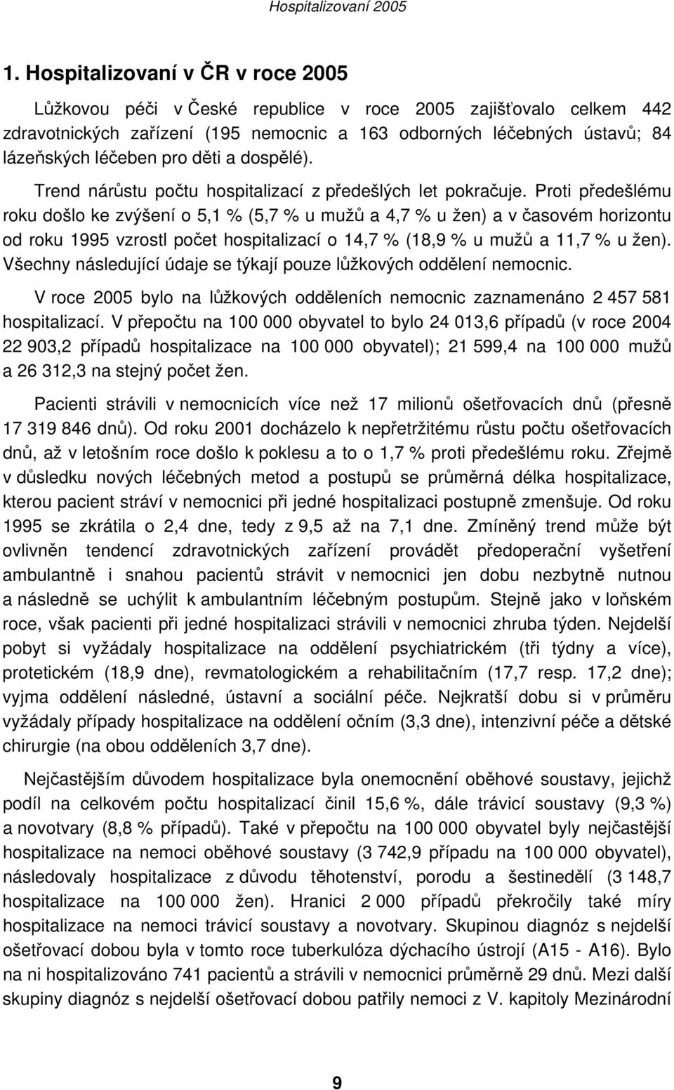 Proti předešlému roku došlo ke zvýšení o 5,1 % (5,7 % u mužů a 4,7 % u žen) a v časovém horizontu od roku 1995 vzrostl počet hospitalizací o 14,7 % (18,9 % u mužů a 11,7 % u žen).