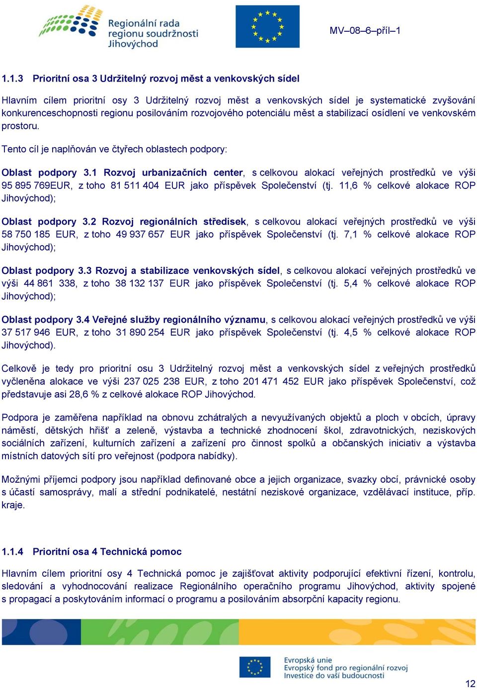 1 Rozvoj urbanizačních center, s celkovou alokací veřejných prostředků ve výši 95 895 769EUR, z toho 81 511 404 EUR jako příspěvek Společenství (tj.