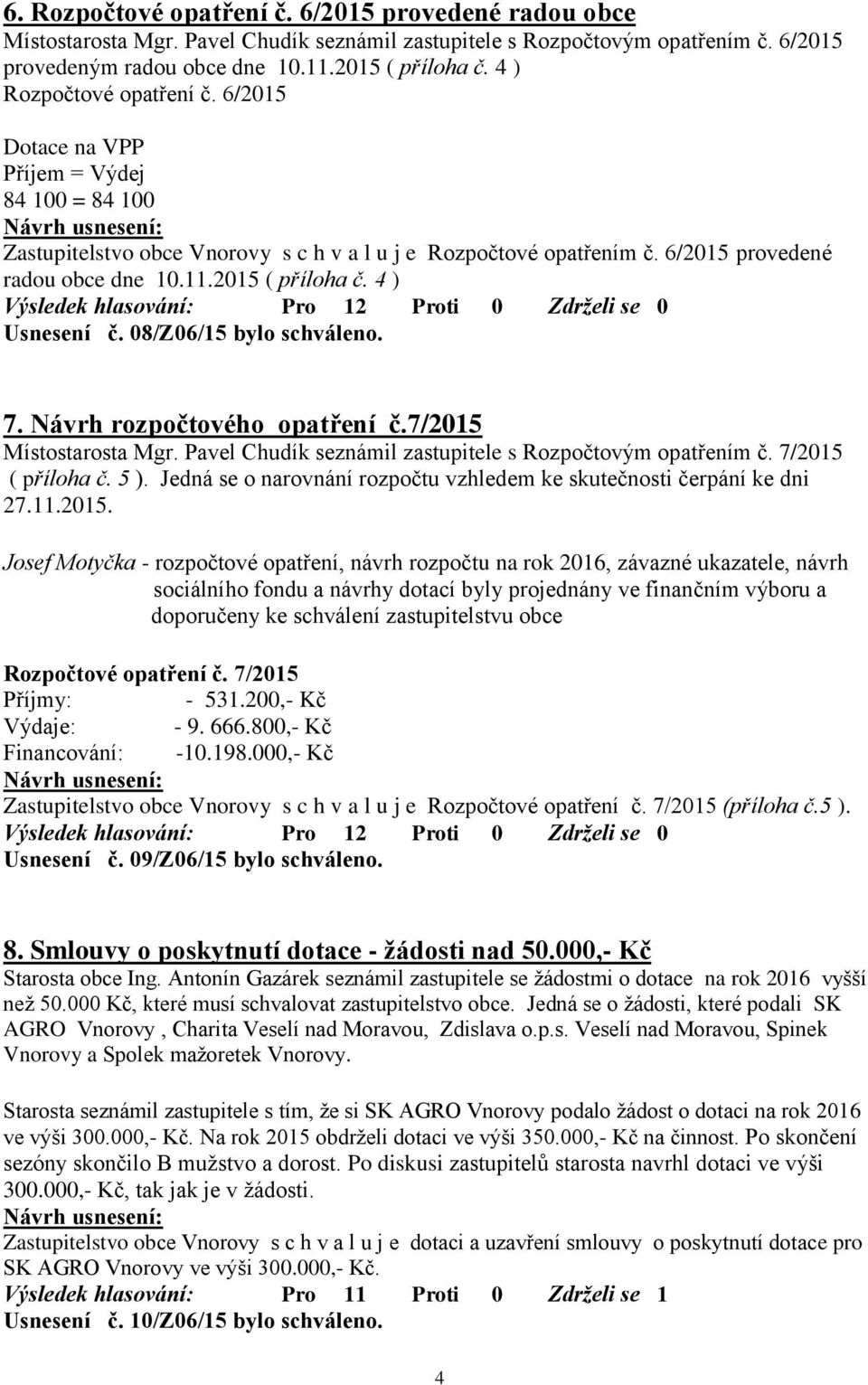 2015 ( příloha č. 4 ) Usnesení č. 08/Z06/15 bylo schváleno. 7. Návrh rozpočtového opatření č.7/2015 Místostarosta Mgr. Pavel Chudík seznámil zastupitele s Rozpočtovým opatřením č. 7/2015 ( příloha č.